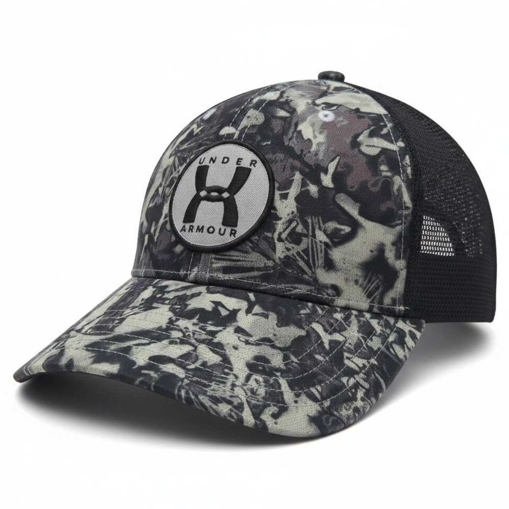 Under Armour Mens Camo Trucker Hat Grey Black Mesh Snapback Cap 1383441-011 NEW